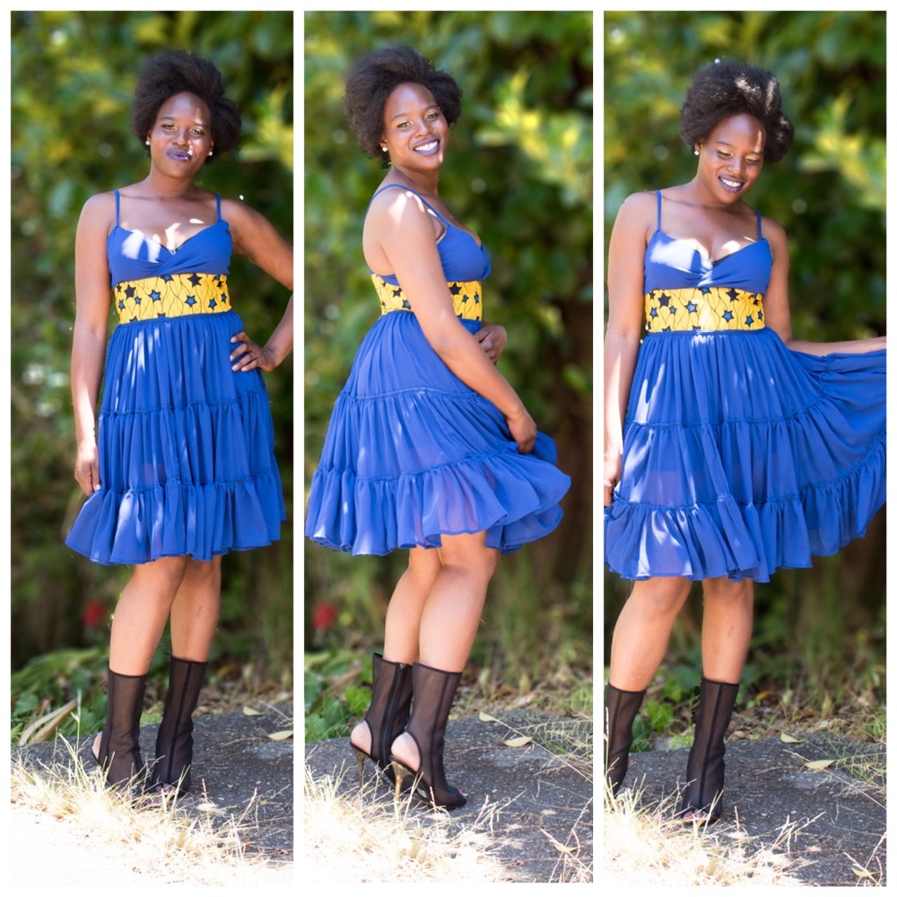 African print and chiffon strapless gathered dress